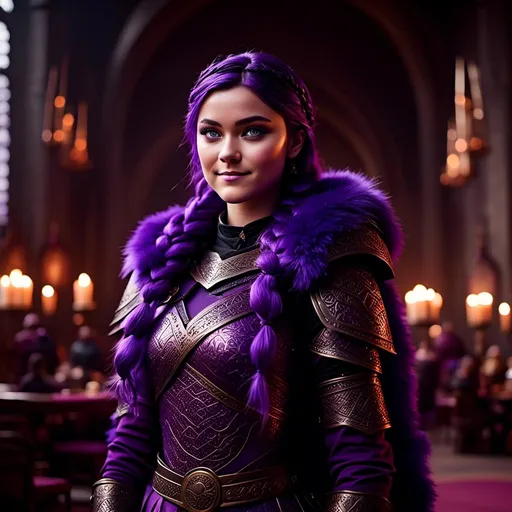 Prompt: A photo of <mymodel> with a heavy purple fur tunic in The Great Hall from How to Train Your Dragon, ((she has a single hair braid down her shoulder))