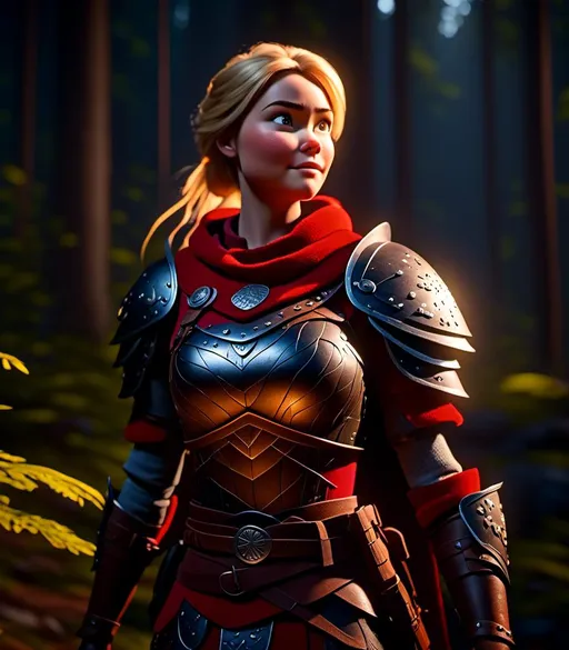 Prompt: <mymodel>CGI Animation, digital art, 20-year-old-old viking woman with light blue eyes standing in a dimly lit forest, blue assassin's creed clothes, red colored armor, blonde straight hair, subtle smile, unreal engine 8k octane, 3d lighting, cinematic lighting, camera shot of full armor from head to toe