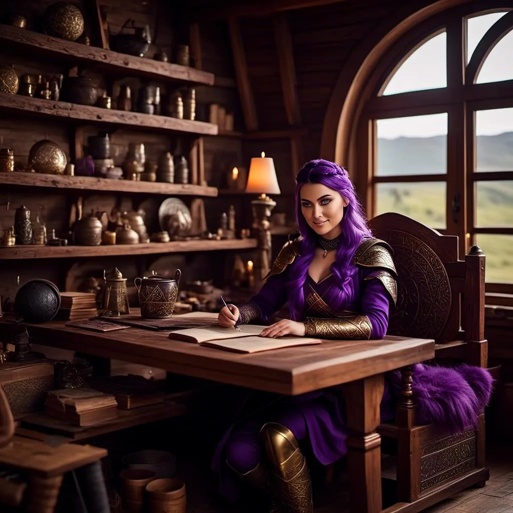 Prompt: Photo of <mymodel> casually relaxing sitting at a desk in her viking house