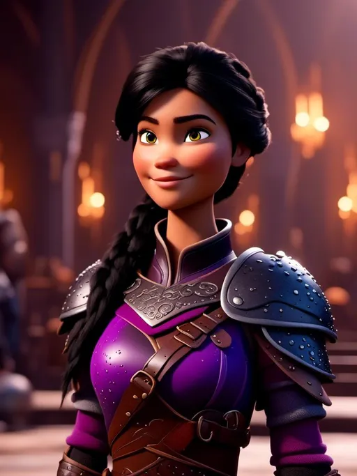 Prompt: <mymodel>CGI Animation, digital art, 20-year-old-old viking woman of royalty standing in The Great Hall on the Isle of Berk, {{black gear, purple armor}}, black hair, single braid down her shoulder with a tiara, subtle smile, unreal engine 8k octane, 3d lighting, close up camera shot on the face, full armor