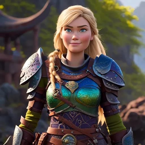 Prompt: <mymodel>CGI Animation of female viking, blonde straight hair, blue eyes, bright purple and green armor, yellow highlights dor gear and textures, full light body armor, standing in a viking village, intricate details, high quality, digital painting, cool tones, dramatic lighting