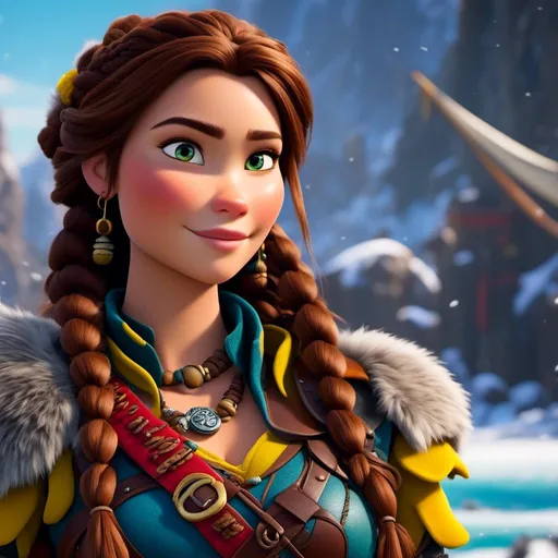 Prompt: <mymodel>CGI Animation, close-up camera shot on the face, 20-year-old-old pirate woman, a snowy scene, {{yellow gear, blue armor}}, brunette hair, dreadlocks, subtle smile, beads hair, small red earrings, multiple braids, yellow gear, straight hair, green eyes, bracelets, rings on fingers, mercenary gear, unreal engine 8k octane, 3d lighting, close up camera shot on the face, full armor