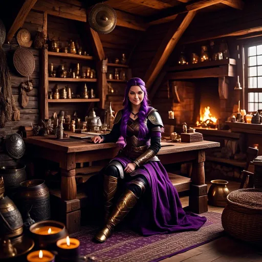 Prompt: Photo of <mymodel> casually relaxing sitting at a desk in her viking house