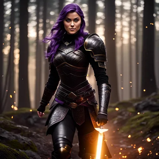 Prompt: <mymodel>25-year-old viking woman, subtle smile, light blue eyes, black gear, bright black armor, wearing an iron-man like suit of armor, black textures and highlights, fighting in the forest in an intense sword battle with Einar Verodfellar, short focus, blurry background, unreal engine 8k octane, 3d lighting, full body, full armor