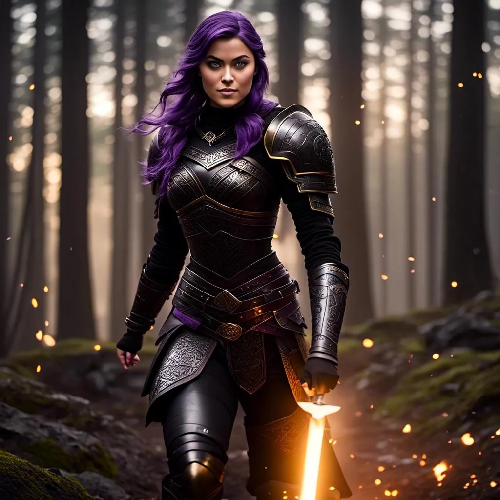 Prompt: <mymodel>25-year-old viking woman, subtle smile, light blue eyes, black gear, bright black armor, wearing an iron-man like suit of armor, black textures and highlights, fighting in the forest in an intense sword battle with Einar Verodfellar, short focus, blurry background, unreal engine 8k octane, 3d lighting, full body, full armor