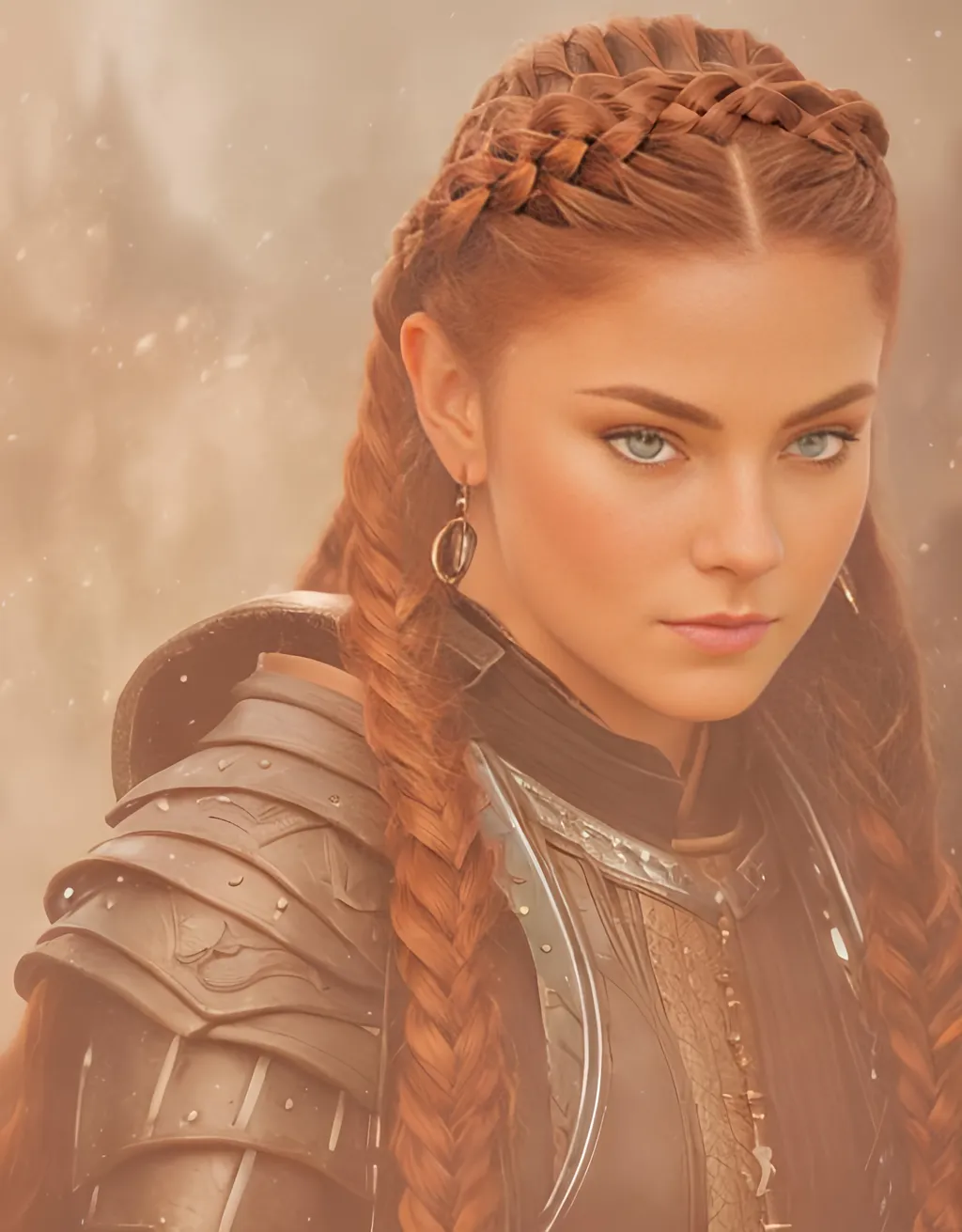 Prompt: she has braided cornrow hair, create most beautiful fictional female viking warrior, red hair, black rogue gear, looking at the camera, extremely detailed environment, detailed background, intricate, detailed skin, professionally color graded, photorealism, 16k, moody lighting