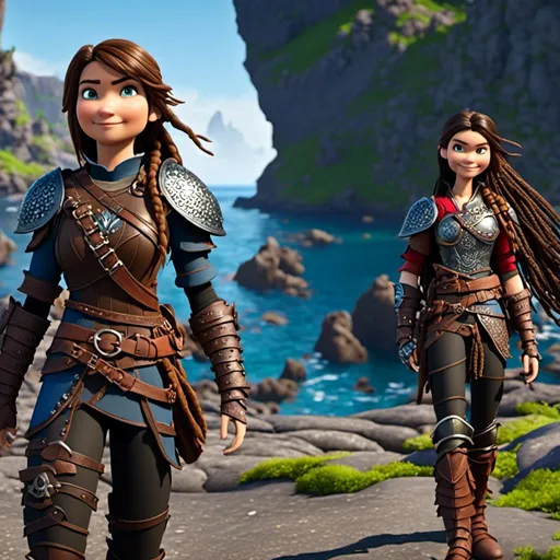 Prompt: <mymodel>CGI Animation, 20-year-old-old pirate woman, brown gear, silver armor, brunette hair, dreadlocks, subtle smile, beads hair, small red earrings, multiple braids, straight hair, blue eyes, bracelets, rings on fingers, mercenary gear, unreal engine 8k octane, 3d lighting, full body, full armor