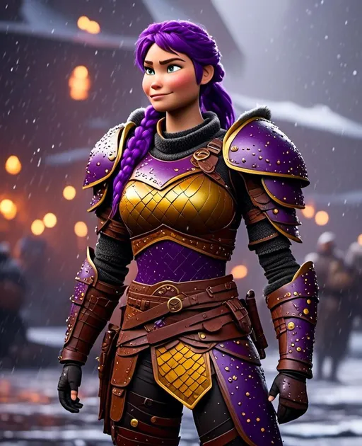 Prompt: Photo of <mymodel> standing in a heavy rain, viking warrior, {{((light blue eyes))}}, purple hair, single braid down her shoulder, purple gear, gold armor, purple pants, gold boots, full body shot, 16K unreal engine octane