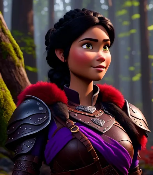 Prompt: <mymodel>CGI Animation, digital art, 20-year-old-old viking woman of royalty standing in a dimly lit forest with fog, light blue eyes, {{black gear, purple armor}}, black hair, single braid down her shoulder with a tiara, subtle smile, unreal engine 8k octane, 3d lighting, close up camera shot on the face, full armor