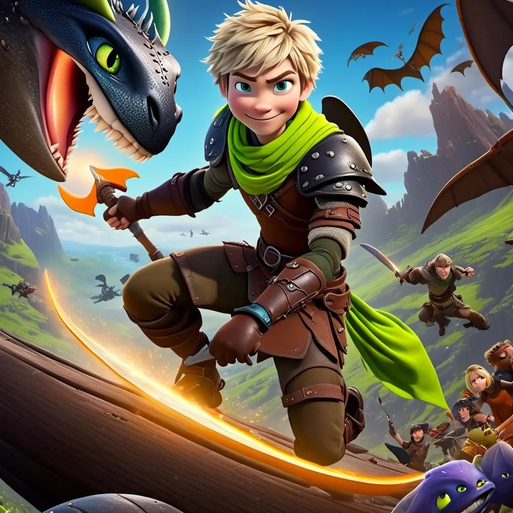 Prompt: <mymodel>CGI Animation, sinister viking boy, 18-year-old, chaotic evil, blonde short messy hair, no facial hair, neon green bandana scarf, dark brown, dark brown long-sleeve shirt, pants, leather armor, two daggers, dozen throwing knives