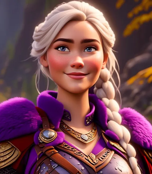 Prompt: <mymodel>CGI Animation, digital art, 20-year-old-old viking woman with light blue eyes, purple clothes, gold colored armor, white hair, single braid down her shoulder with a tiara, subtle smile, unreal engine 8k octane, 3d lighting, close up camera shot on the face, full armor