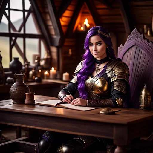 Prompt: Photo of <mymodel> with no armor casually relaxing sitting at a desk in her viking house