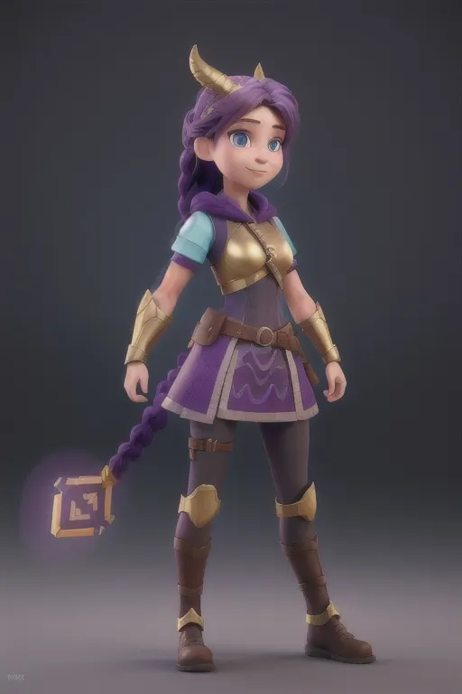 Prompt: Digital art, bright colors, subtle smile, 23-year-old woman viking, dark purple hair, one braid, light blue eyes, cut over left eye to on cheekbone, black gear, gold armor, unreal engine 8k octane, 3d lighting, full body, full armor