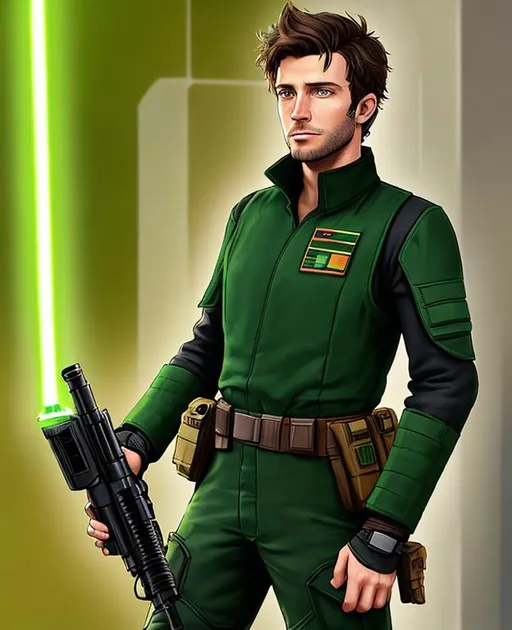 Prompt: Digital Art, 26-year-old man on Lothal in Star Wars, green lightsaber, green eyes, short brown hair, star wars pilot, green gear, tactical belt, long sleeve shirt, brown pants, a280c blaster rifle, unreal engine 8k octane, full body, full gear