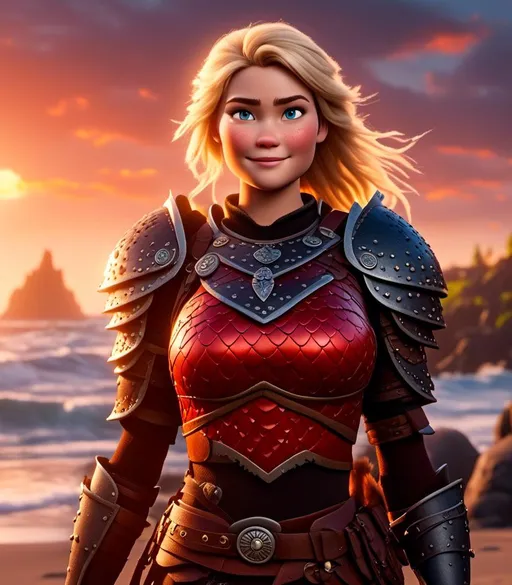 Prompt: <mymodel>CGI Animation, digital art, 20-year-old-old viking woman with light blue eyes standing around several hot springs on a beach, sunset lighting, blue clothes, red colored armor, blonde straight hair, subtle smile, unreal engine 8k octane, 3d lighting, cinematic lighting, camera shot of full armor from head to toe