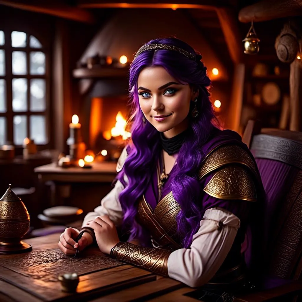 Prompt: Photo of <mymodel> casually relaxing sitting at a desk in her viking house, she has light blue eyes