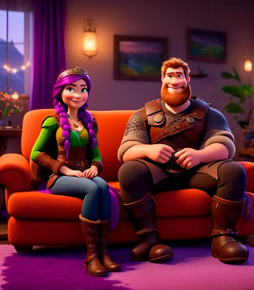 Prompt: <mymodel>CGI Animation, digital art, 20-year-old-old viking woman with light blue eyes, sitting on the couch in the living room next to her husband with brown hair and green gear, purple hair with purple strands, single braid down her shoulder with a tiara, subtle smile, unreal engine 8k octane, 3d lighting, close up camera shot on the face, full armor