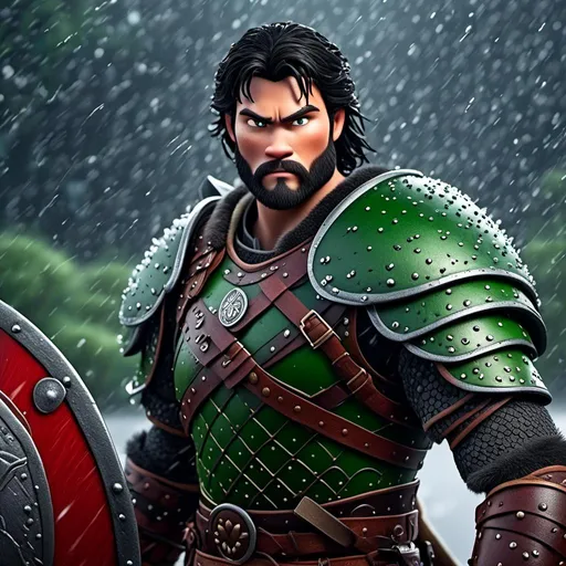 Prompt: <mymodel>Animated CGI style of a fierce Viking male about 25 years old, black hair, detailed facial features, leather armor {{((red))}} and green armor, battle axe and shield, standing in the rain, intense and determined expression, dynamic and powerful pose, high definition, CGI, detailed armor, fierce female, Nordic designs, battle-ready, dynamic pose, professional lighting