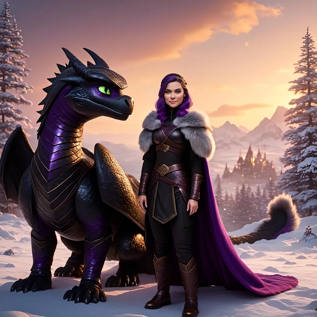 Prompt: Photo of <mymodel> standing next to her ((black)) razorwhip dragon from How to Train Your Dragon in the snow, {{she has light blue eyes}}, she is wearing a fur hood over her head, she is wearing a fur cape