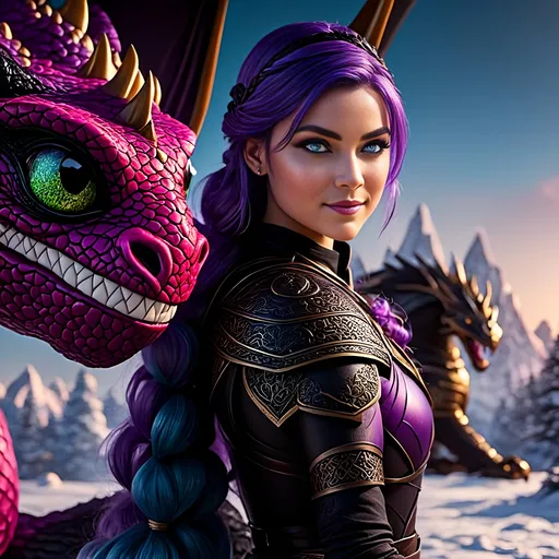 Prompt: Photo of <mymodel> standing next to her ((black)) razorwhip dragon from How to Train Your Dragon in the snow, she has light blue eyes