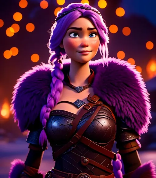 Prompt: <mymodel>CGI Animation, digital art, 20-year-old-old viking woman with light blue eyes, she has been crying, standing in a battle arena at night, purple hair with purple strands, single braid down her shoulder with a tiara, unreal engine 8k octane, 3d lighting, close up camera shot on the face, full armor