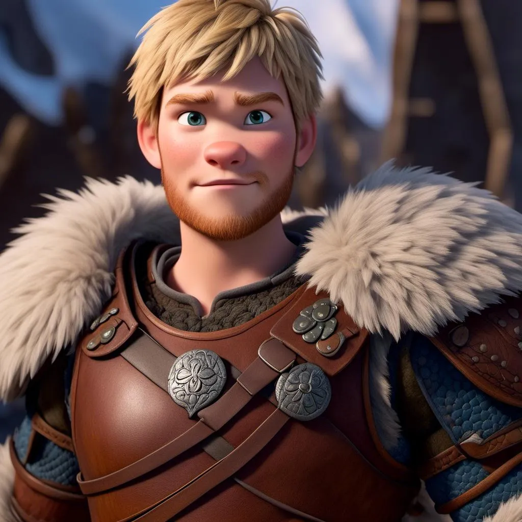 Prompt: <mymodel>Animated CGI style of a fierce Caucasian Viking with blonde hair, intense gaze, realistic fur and clothing textures, high quality, CGI, realistic, intense gaze, viking, male, Caucasian, detailed facial features, fur textures, highres, professional, intense lighting