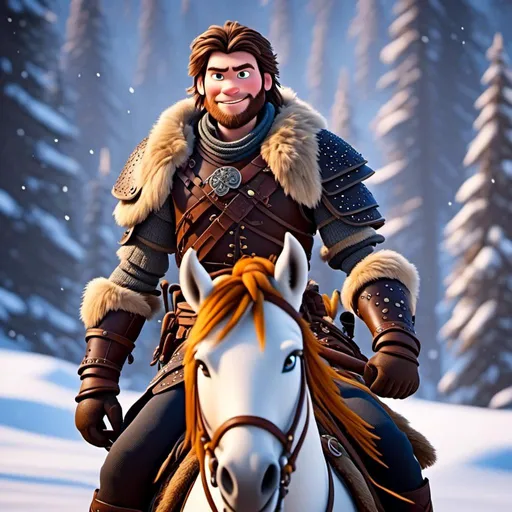 Prompt: <mymodel>CGI Animation, 20-year-old pirate man, rides a pale yellow horse through the snowy, a snowy scene, {{brown gear, silver armor}}, brunette hair, dreadlocks, subtle smile, beads hair, multiple braids, straight hair, blue eyes, bracelets, rings on fingers, mercenary gear, unreal engine 8k octane, 3d lighting, full body, full armor