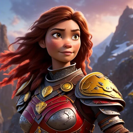 Prompt: <mymodel>CGI Animation of a viking female, brown hair, hazel eyes, bright red gear and armor, yellow highlights and textures, intricate details, high quality, digital painting, cool tones, dramatic lighting