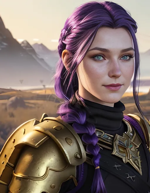 Prompt: Digital art, vibrant colors, 20-year-old woman viking, subtle smile, dark purple hair, one hair braid down her shoulder, light blue eyes, black gear, gold armor, unreal engine 8k octane, 3d lighting, full body, full armor