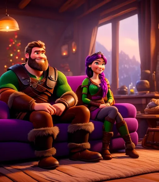 Prompt: <mymodel>CGI Animation, digital art, 20-year-old-old viking woman with light blue eyes, sitting on the couch in the living room next to her husband with brown hair and green gear, purple hair with purple strands, single braid down her shoulder with a tiara, subtle smile, unreal engine 8k octane, 3d lighting, close up camera shot on the face, full armor