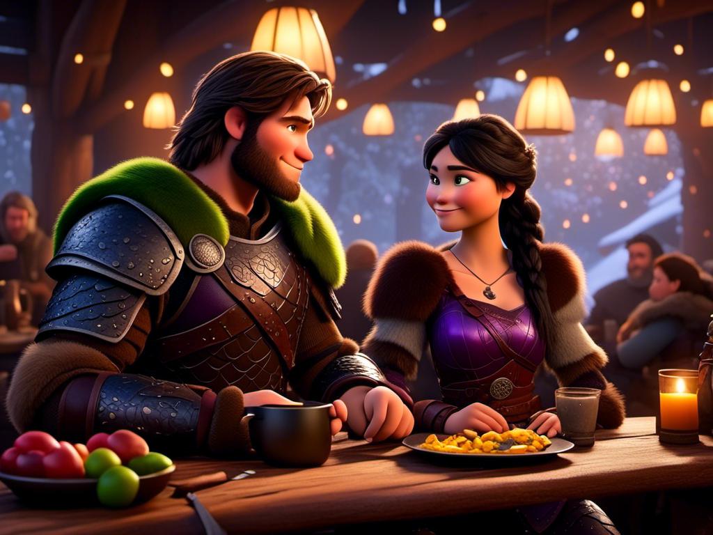 Prompt: <mymodel>CGI Animation, digital art, 20-year-old-old viking woman of royalty standing a busy tavern having a meal with her husband Jarl, Jarl is clean shaven, {{the woman has purple armor}}, black hair, straight hair with a tiara, subtle smile, Jarl has green armor and brown gear, unreal engine 8k octane, 3d lighting, close up camera shot on the face, full armor