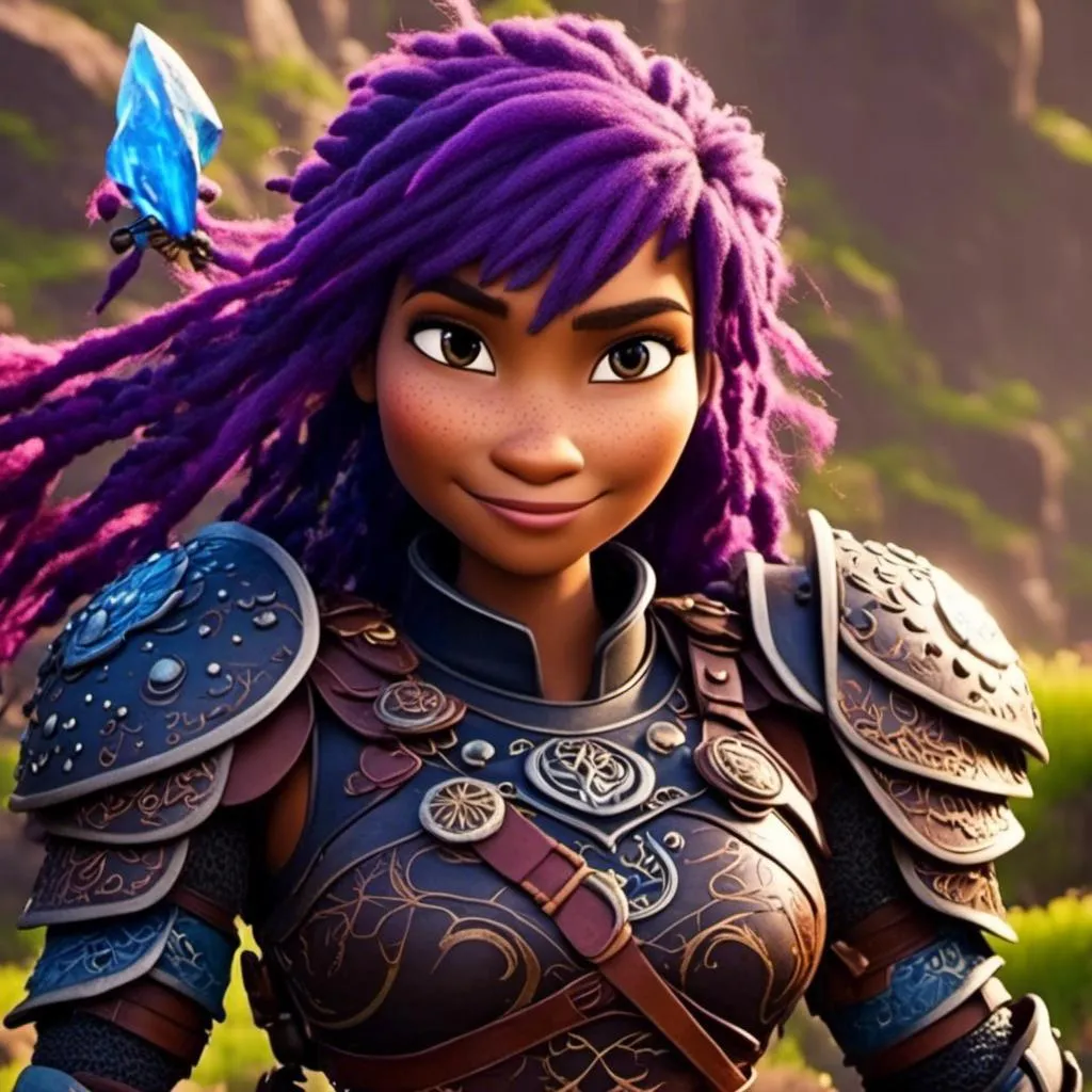 Prompt: a photo of <mymodel>, a caucasian viking female with purple hair and purple gear and armor with bursts of blue textures