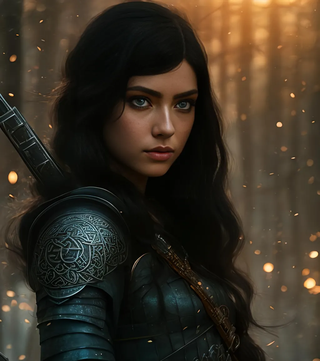 Prompt: she has black hair, create most beautiful fictional female viking princess warrior, black hair, light blue eyes, extremely detailed environment, detailed background, intricate, detailed skin, professionally color graded, photorealism, 8k, moody lighting