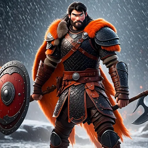 Prompt: <mymodel>Animated CGI style of a fierce Viking male about 25 years old, black hair, detailed facial features, leather armor {{((red))}} and orange armor, battle axe and shield, standing in the rain, intense and determined expression, dynamic and powerful pose, high definition, CGI, detailed armor, fierce female, Nordic designs, battle-ready, dynamic pose, professional lighting