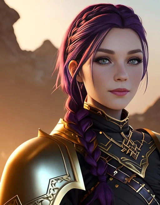 Prompt: create a viking woman, vibrant colors, subtle smile, 23-year-old woman viking, dark purple hair, one braid, black pants, light blue eyes, cut over left eye to on cheekbone, black gear, gold armor, unreal engine 8k octane, 3d lighting, full body, full armor