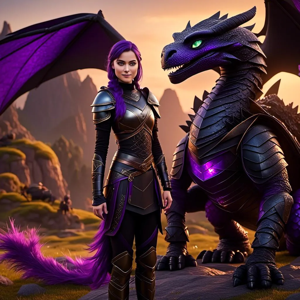 Prompt: Photo of <mymodel> standing next to her ((black)) razorwhip dragon from "How to Train Your Dragon"