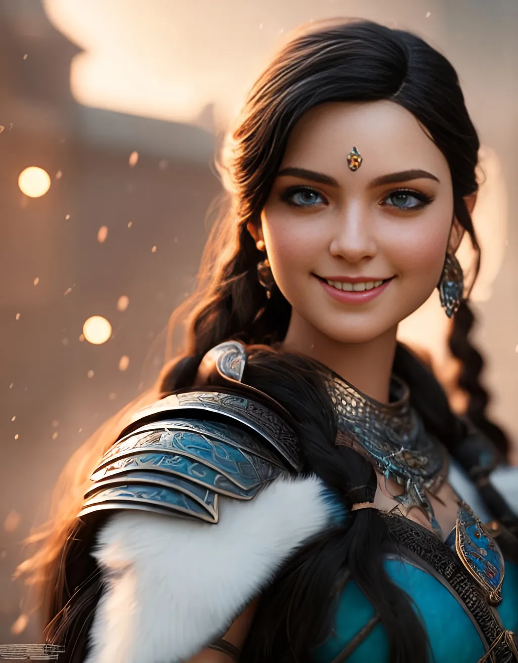 Prompt: she has black hair, create most beautiful fictional female princess viking warrior, hopeful smile, black hair, light blue eyes, extremely detailed environment, detailed background, intricate, detailed skin, professionally color graded, photorealism, 8k, moody lighting