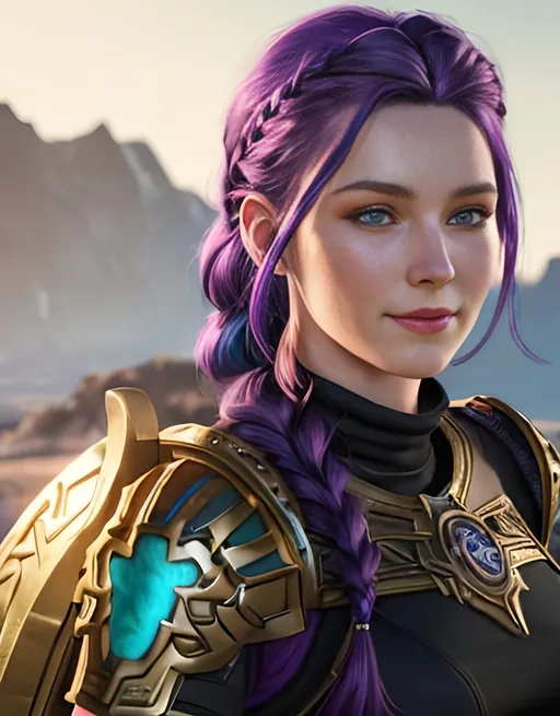 Prompt: Digital art, vibrant colors, 20-year-old woman viking, subtle smile, dark purple hair, one hair braid down her shoulder, light blue eyes, black gear, gold armor, unreal engine 8k octane, 3d lighting, full body, full armor