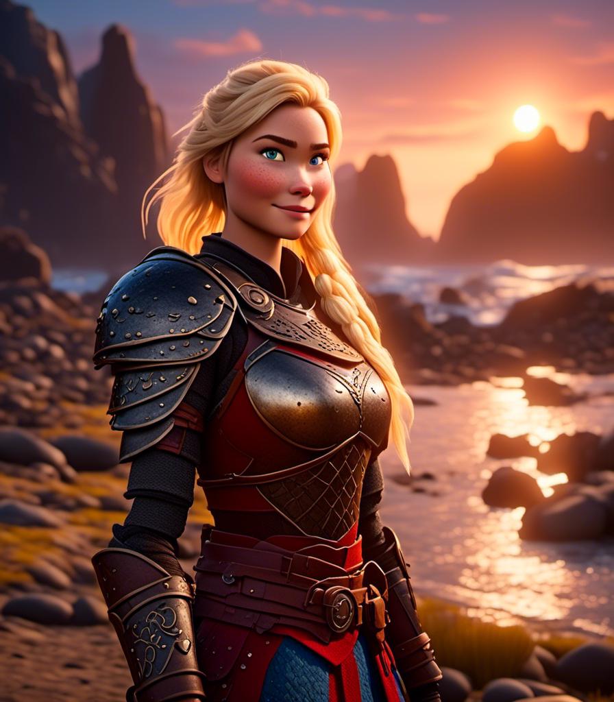 Prompt: <mymodel>CGI Animation, digital art, 20-year-old-old viking woman with light blue eyes standing around several hot springs on a beach, sunset lighting, blue clothes, red colored armor, blonde straight hair, subtle smile, unreal engine 8k octane, 3d lighting, cinematic lighting, camera shot of full armor from head to toe