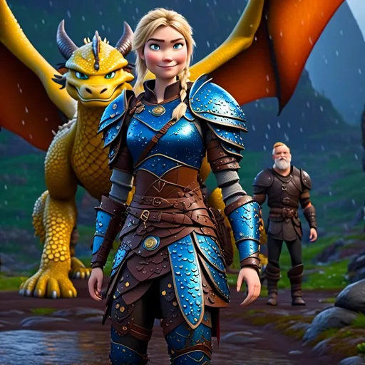 Prompt: <mymodel>CGi Animation, 20-year-old viking woman with blue eyes, a rainy scene, she is standing next to a bright blue dragon with gold highlights, they are both in the rain, the viking woman has a subtle smile, blonde hair in a ponytail style, she has blue gear, gold armor, black pants, black boots