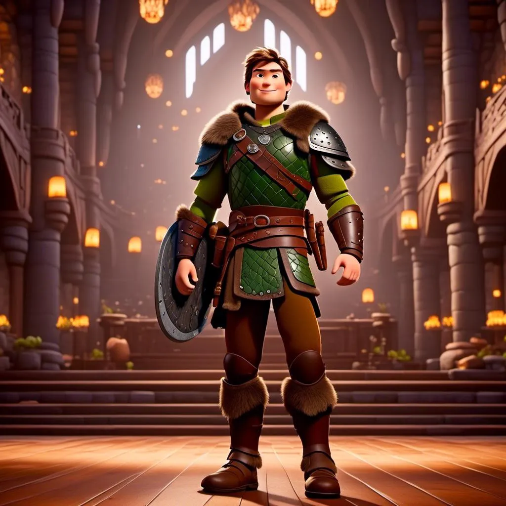 Prompt: <mymodel> viking man, lawyer, thin, small stature, standing in The Great Hall, medium length brown hair, brown eyes, no armor, European-like brown gear, brown leather vest, long sleeve green shirt underneath the brown leather vest, black highlights on his clothes, brown pants, brown boots, historical, strong and natural lighting