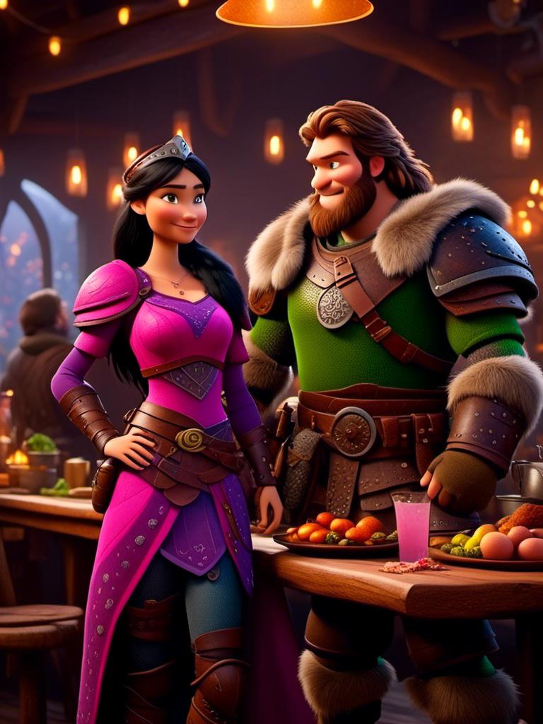 Prompt: <mymodel>CGI Animation, digital art, 20-year-old-old viking woman of royalty standing a busy tavern having a meal with her husband Jarl, {{the woman has pink gear, purple armor}}, black hair, straight hair with a tiara, subtle smile, Jarl has green armor and brown gear, unreal engine 8k octane, 3d lighting, close up camera shot on the face, full armor