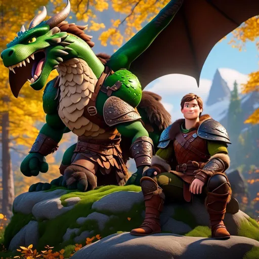 Prompt: <mymodel>Male viking warrior, thin and light muscle build, sitting on a boulder in the forest, there is a large green dragon with a flat body build standing next to the viking, viking has short brown hair, green eyes, green armor, brown gear, brown pants, brown boots, historical, strong and natural lighting, 8K octane, unreal engine