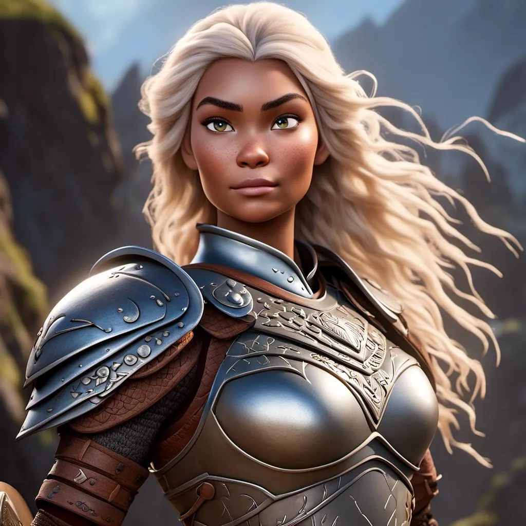 Prompt: <mymodel>Animated CGI style of a fierce Caucasian white Viking female about 25 years old, blond hair, detailed facial features, leather armor with intricate Nordic designs, battle axe and shield, intense and determined expression, dynamic and powerful pose, high definition, CGI, detailed armor, fierce female, Nordic designs, battle-ready, dynamic pose, professional lighting