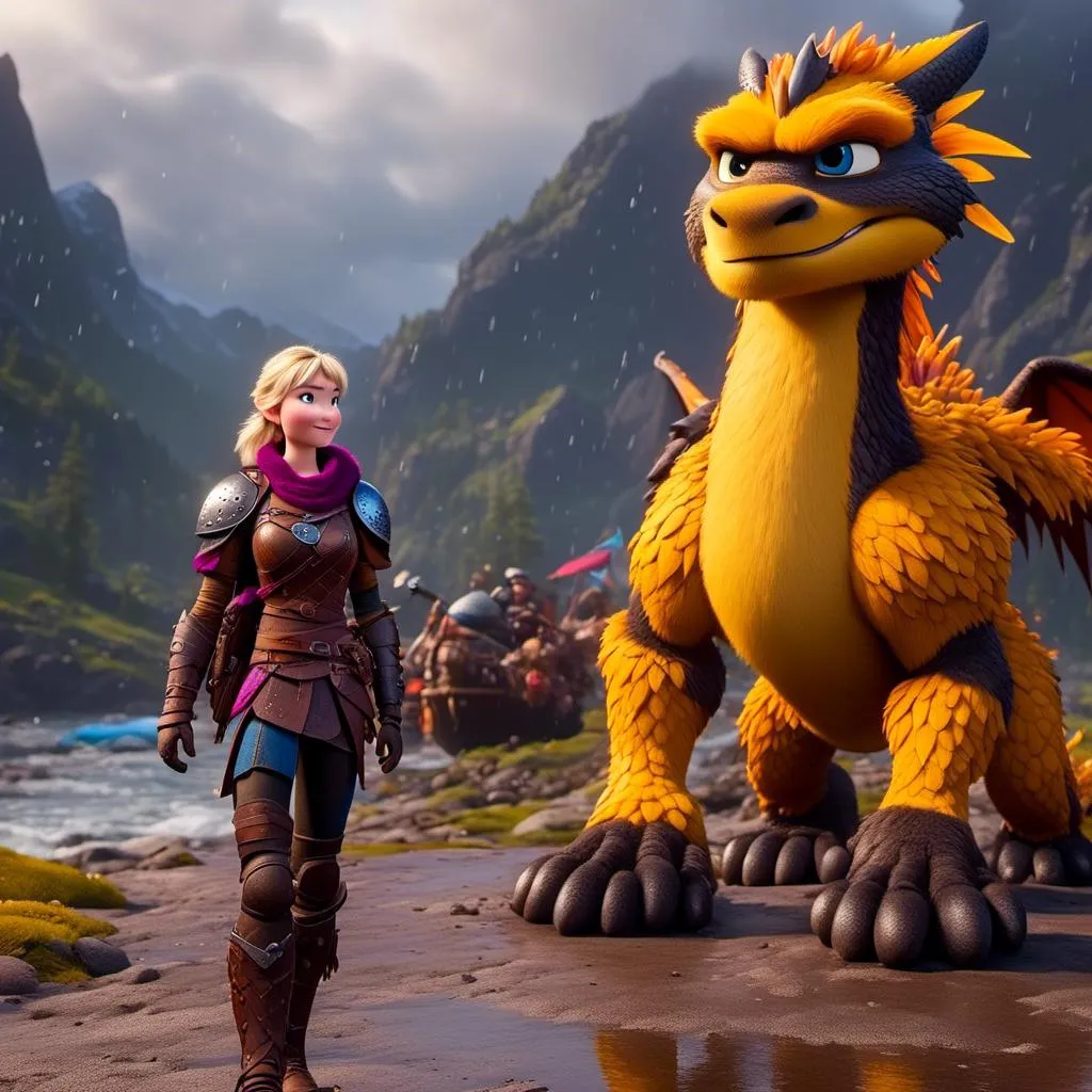 Prompt: <mymodel>CGi Animation, 20-year-old viking woman with blue eyes, a rainy scene, the viking woman has a subtle smile, blonde hair, she has blue gear, yellow armor, black pants, black boots, she is standing next to a bright blue dragon with purple highlights, unreal engine 8k octane, 3d lighting, full body, full armor