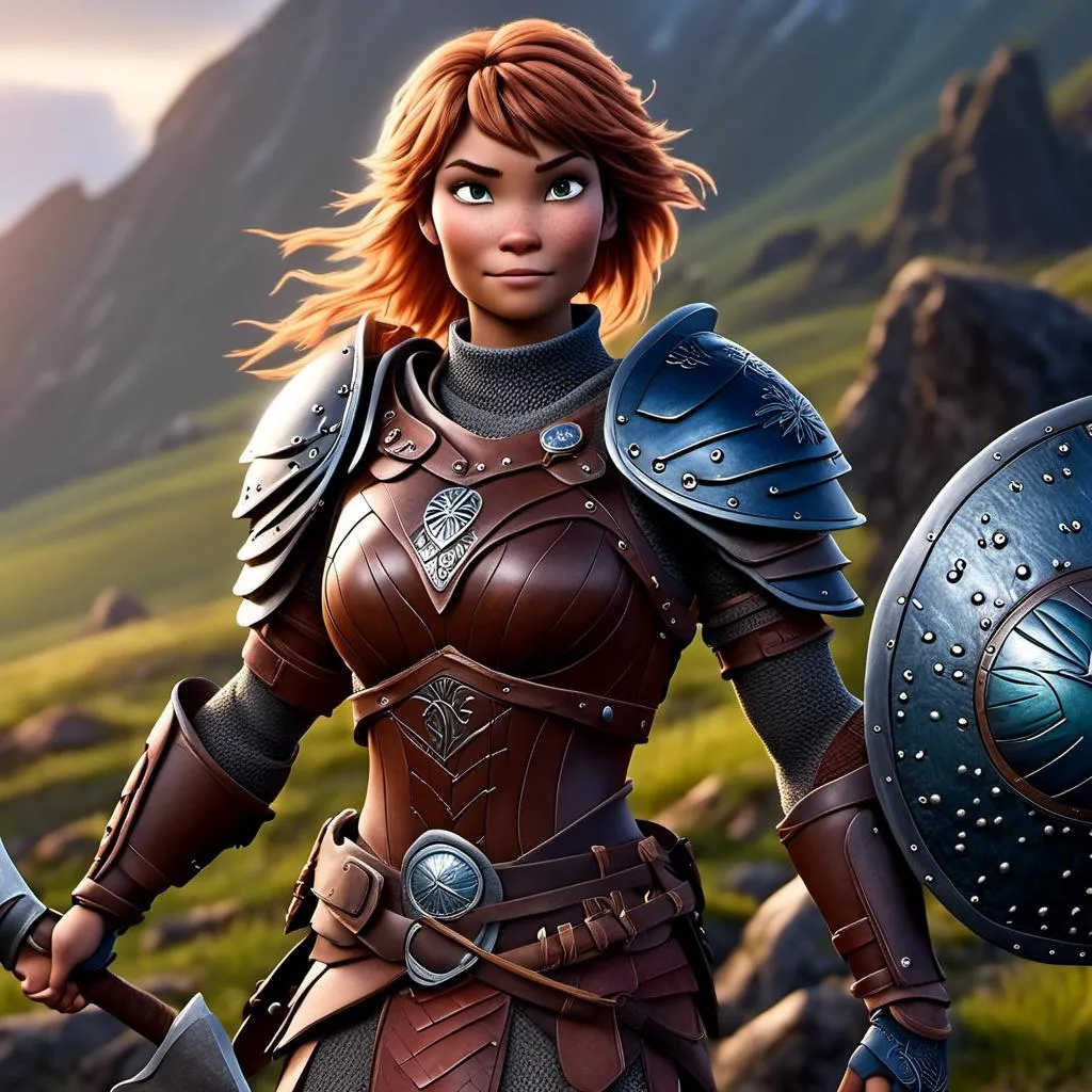 Prompt: <mymodel>Animated CGI style of a fierce Caucasian Viking, female about 25 years old, detailed facial features, leather armor with intricate Nordic designs, battle axe and shield, intense and determined expression, dynamic and powerful pose, high definition, CGI, detailed armor, fierce female, Nordic designs, battle-ready, dynamic pose, professional lighting