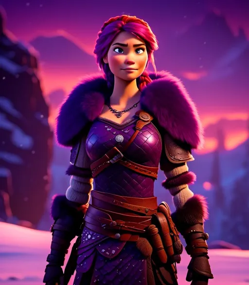 Prompt: <mymodel>CGI Animation, digital art, 20-year-old-old viking woman with light blue eyes, she looks very sad and angry, standing in a battle arena at night in the snow, purple hair with purple strands, single braid down her shoulder with a tiara, unreal engine 8k octane, 3d lighting, close up camera shot on the face, full armor