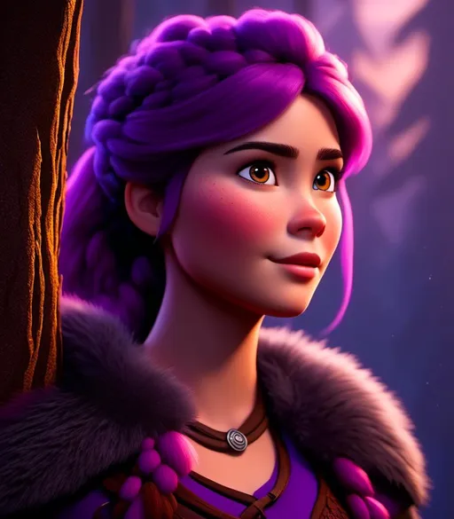 Prompt: <mymodel>CGI Animation, digital art, 20-year-old-old viking woman of royalty standing at night next to a tree with her hands resting on the bark, she is in a dimly lit thick forest with trees everywhere, dense fog, light blue eyes, {{black gear, purple armor}}, purple hair, single braid down her shoulder with a tiara, subtle smile, unreal engine 8k octane, 3d lighting, close up camera shot on the face, full armor