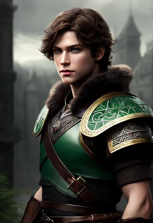 Prompt: he has short brown hair, slight smile, create most handsome fictional male prince viking warrior, short brown hair, light green eyes, extremely detailed environment, detailed background, intricate, detailed skin, professionally color graded, photorealism, 16k, moody lighting