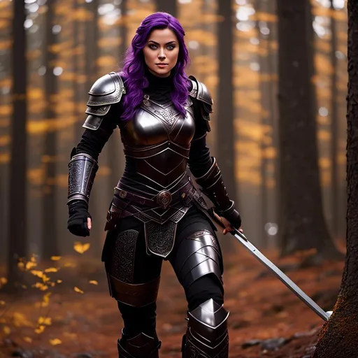 Prompt: <mymodel>25-year-old viking woman, subtle smile, light blue eyes, black gear, bright black armor, wearing an iron-man like suit of armor, black textures and highlights, fighting in the forest in an intense sword battle with Einar Verodfellar, short focus, blurry background, unreal engine 8k octane, 3d lighting, full body, full armor